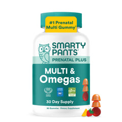SmartyPants botella frontal mostrando 90 gomitas y beneficios prenatales