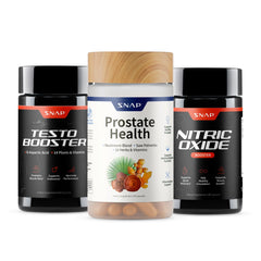 Snap Supplements vista frontal del paquete mostrando los tres frascos y beneficios