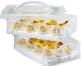 Snapware portahuevos frontal mostrando dos niveles y tapa con asa para transporte seguro