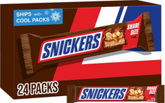Snickers vista frontal del empaque con diseño claro y porciones para compartir