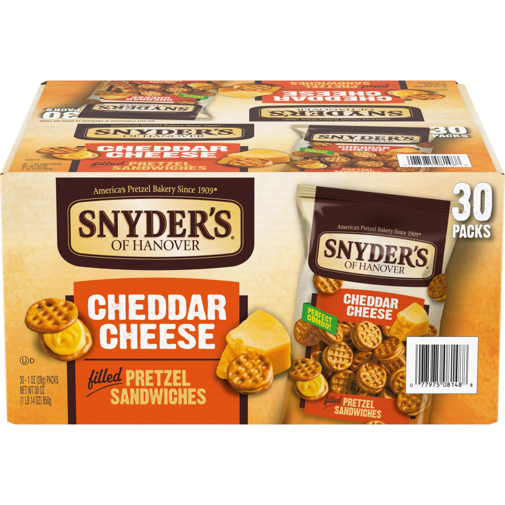 Snyder's of Hanover envase frontal mostrando 30 paquetes, conveniencia inmediata