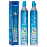 SodaStream pack 2 cilindros frente mostrando el embalaje y beneficio de reposición rápida