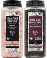 Soeos front packaging showing both pink salt and peppercorns for pantry convenience