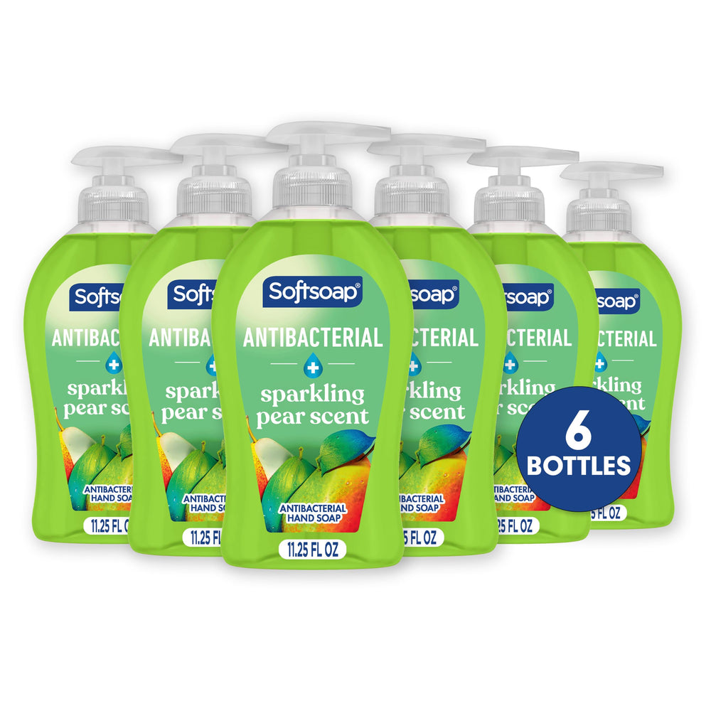 Softsoap frente del empaque mostrando seis botellas y valor práctica