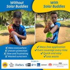 Solar Buddies familia aplicando protector en la playa, uso sencillo y limpio