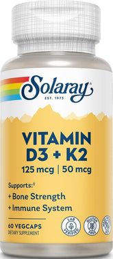 SOLARAY envase frontal con D3 K2 60 VegCaps, presentación clara y profesional