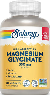 SOLARAY frasco frontal del Magnesium Glycinate mostrando 120 VegCaps y facilidad de uso