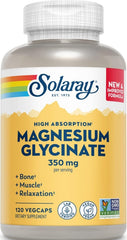 SOLARAY frasco frontal del Magnesium Glycinate mostrando 120 VegCaps y facilidad de uso