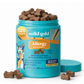 Solid Gold frasco frente mostrando masticables para alivio de alergias y conveniencia