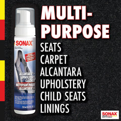 SONAX aplicando espuma en asiento de coche para eliminar manchas y renovar tacto
