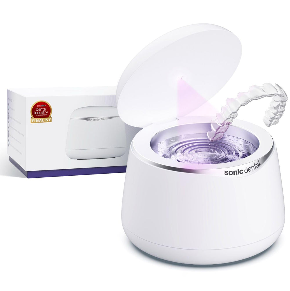 Sonic Dental front view showing compact Pearl White unit and controls, easy countertop storage