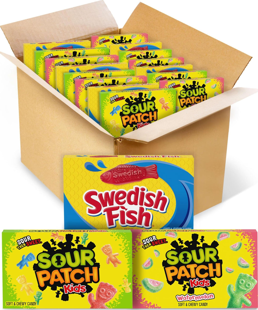 Sour Patch Kids y Swedish Fish caja frontal mostrando variedad y conveniencia