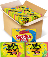 Sour Patch Kids y Swedish Fish caja frontal mostrando variedad y conveniencia