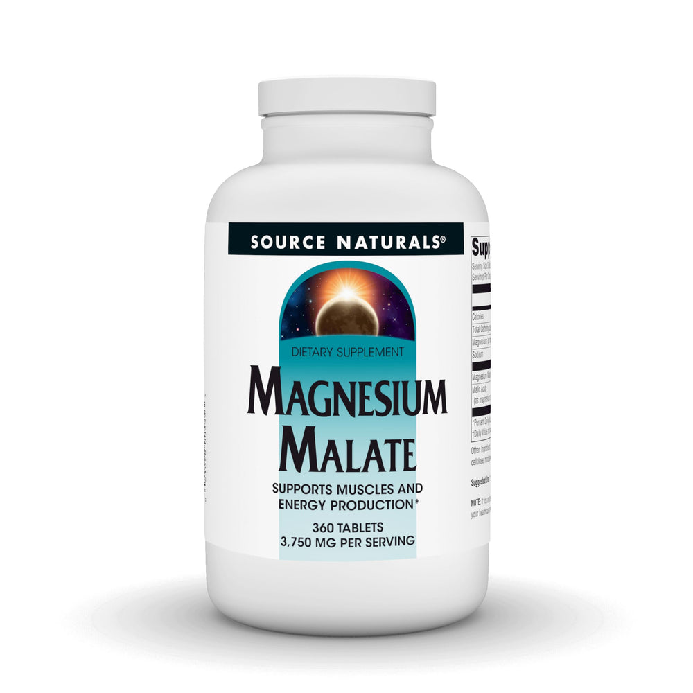 Source Naturals envase frontal mostrando 360 tabletas y beneficios de magnesio