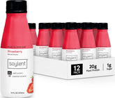 Soylent botella frontal fresa vista del envase mostrando nutrición completa