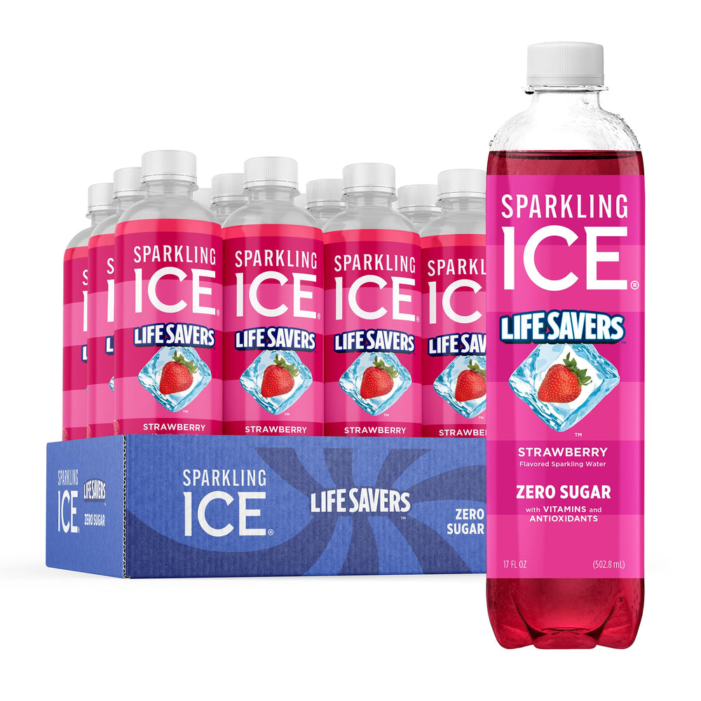 Sparkling Ice botella frente del empaque mostrando sabor fresa y diseño atractivo