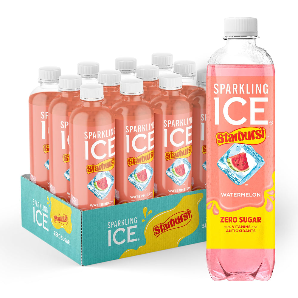 Sparkling Ice STARBURST sandía frente del envase mostrando diseño llamativo