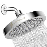 SparkPod vista frontal cromo pulido que ofrece lluvia homogénea