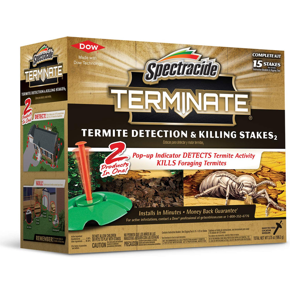 Spectracide estaca frontal del paquete mostrando 15 unidades y beneficio de vigilancia fácil