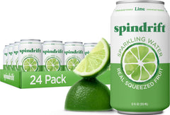 Spindrift lata frontal mostrando marca y sabor lima, refresca al instante