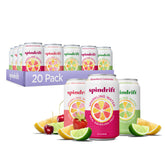 Spindrift pack frontal mostrando las 20 latas y variedad de sabores, refresco natural