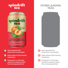 Spindrift durazno exprimido al lado de lata destacando fruta real