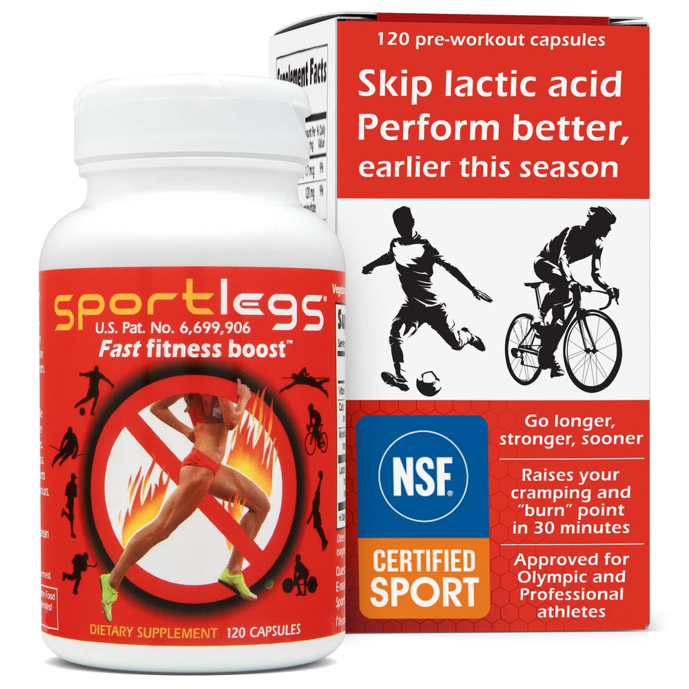 SPORTLEGS frasco frontal mostrando etiqueta y cantidad, ayuda a planificar dosis