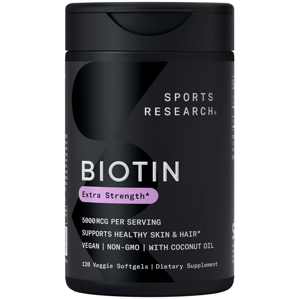 Sports Research envase frontal de Biotin 5,000 mcg mostrando el diseño y beneficio de alta potencia