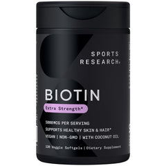 Sports Research envase frontal de Biotin 5,000 mcg mostrando el diseño y beneficio de alta potencia