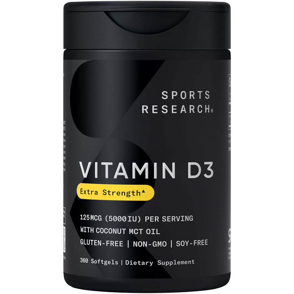 Sports Research frasco frontal de Vitamin D3 5000 IU mostrando etiqueta clara y cantidad
