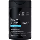 Sports Research envase frontal de Zinc Picolinate 180 softgels muestra información clara