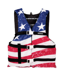 SportsStuff chaleco frontal Stars & Stripes mostrando correas y ajuste seguro