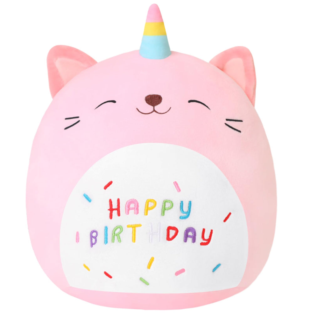 SQEQE peluche gato unicornio frontal mostrando expresión encantadora
