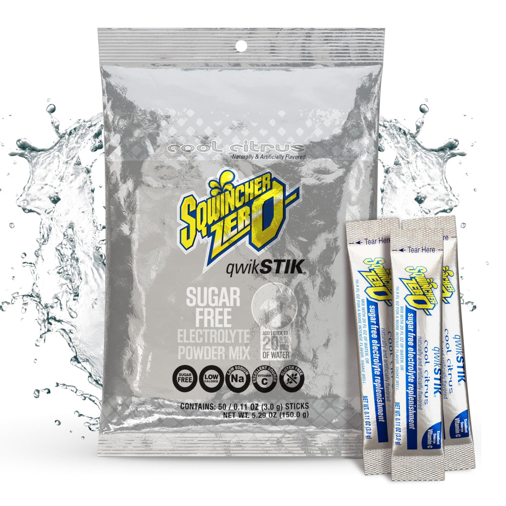 Sqwincher paquete frontal mostrando 50 sobres y conveniencia