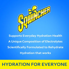 Sqwincher sobres variados desplegados destacando variedad de sabores