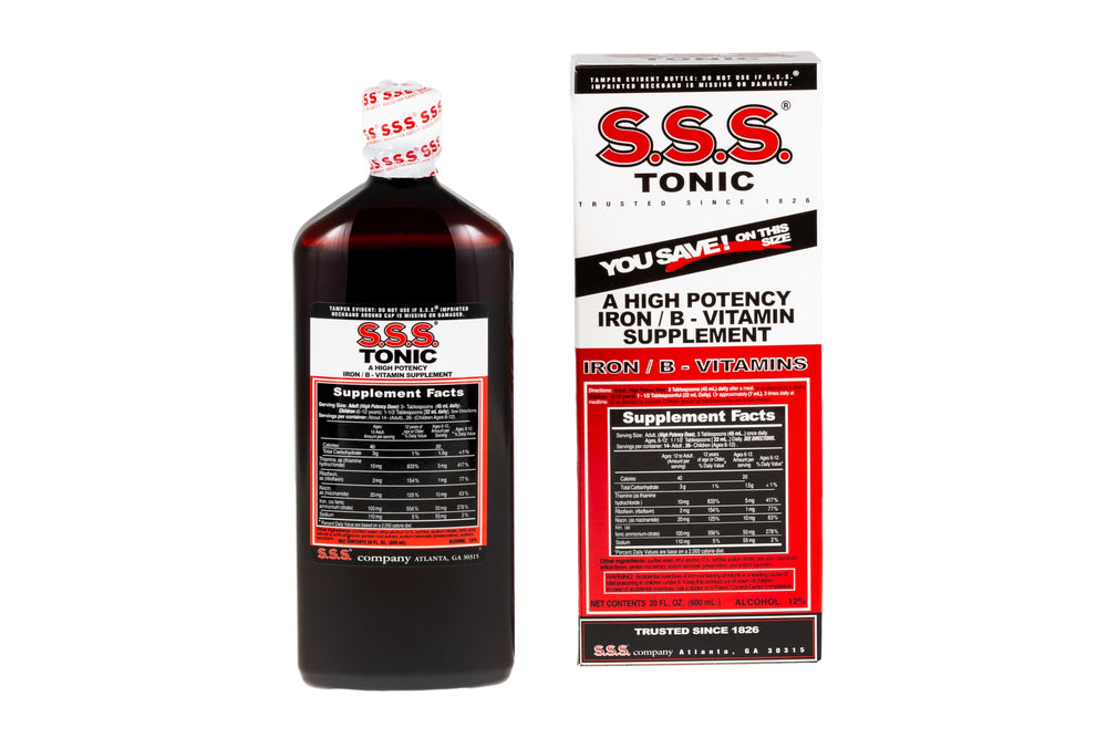 S.S.S. Tonic vista frontal botella 20 fl oz mostrando marca y diseño, fácil identificación