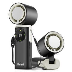 SSWind vista frontal del ventilador portátil mostrando diseño compacto y beneficios de enfriamiento