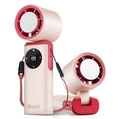 SSWind vista frontal del ventilador portátil mostrando diseño compacto y funciones prácticas