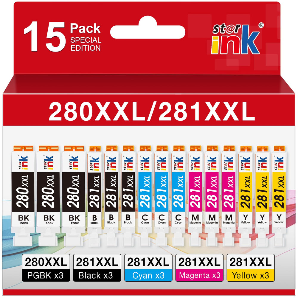 st@r ink paquete frontal mostrando los 15 cartuchos y ahorro