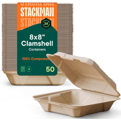 Stack Man vista frontal del clamshell resistente y compostable