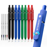 STAGEEK pack frontal mostrando 8 bolígrafos multicolor, ideal para oficina