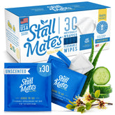 Stall Mates envase delantero mostrando 30 toallitas y beneficio flushable