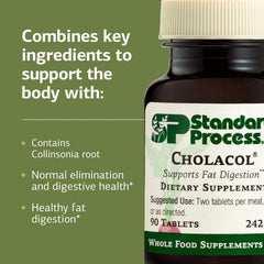 Standard Process Cholacol tablet held in hand showing scale and suggested dosing benefit