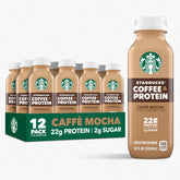 Starbucks Caffe Mocha frente del pack de 12 botellas, conveniente y listo para llevar