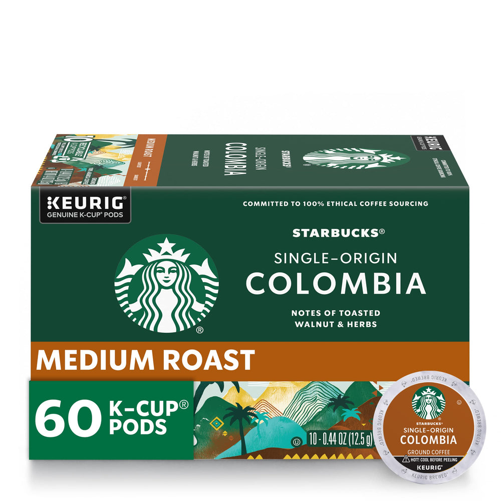 Starbucks paquete frontal de K-Cup Colombia mostrando 60 cápsulas y conveniencia