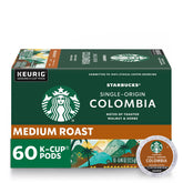 Starbucks paquete frontal de K-Cup Colombia mostrando 60 cápsulas y conveniencia