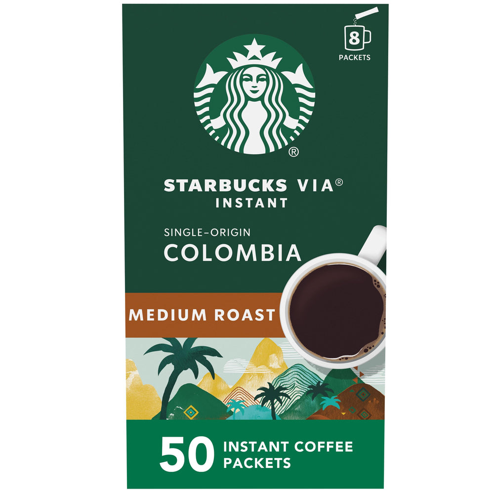 Starbucks VIA empaque frontal mostrando 50 sobres y conveniencia inmediata