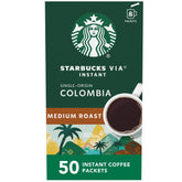 Starbucks VIA empaque frontal mostrando 50 sobres y conveniencia inmediata