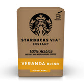 Starbucks VIA caja frontal mostrando 50 sobres y conveniencia