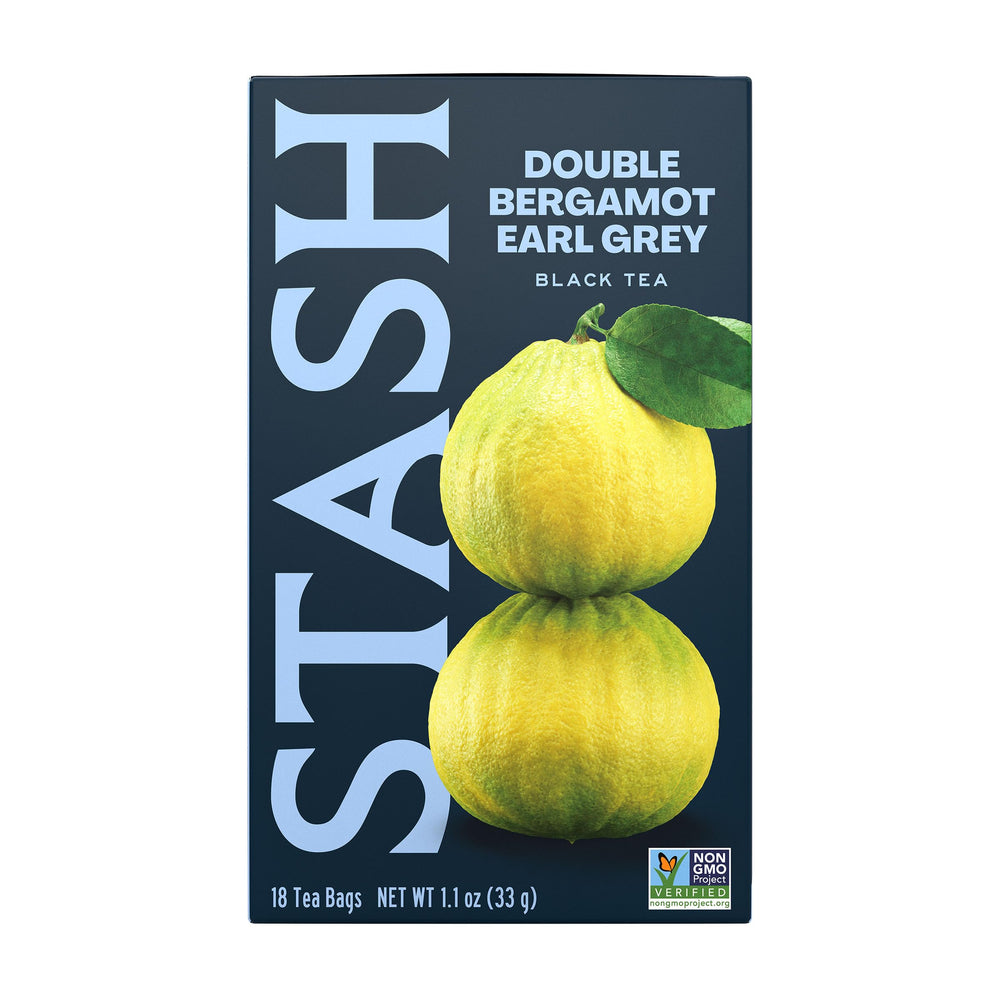Stash front packaging showing bold double bergamot and benefits